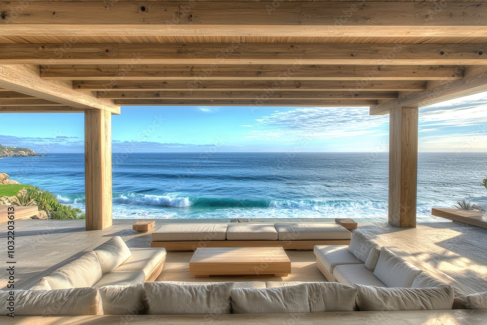Fototapeta premium A serene coastal view from a modern wooden structure, featuring comfortable seating and a beautiful ocean backdrop.