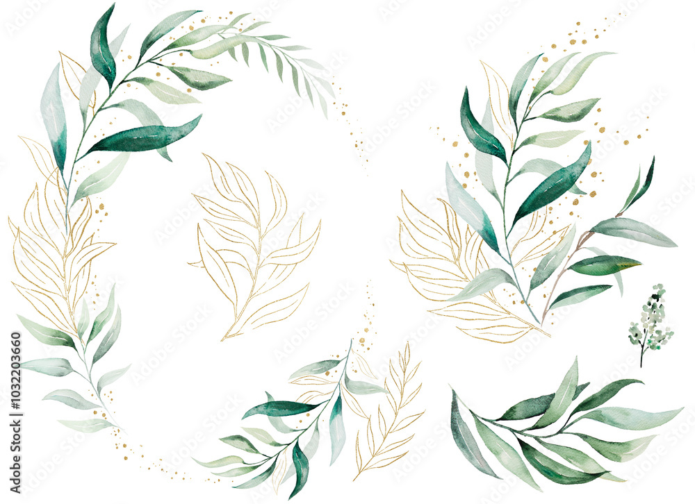 Oval frame and bouquet with green watercolor leaves, isolated wedding illustration, copy space Oval frame and bouquet with green watercolor leaves, isolated wedding illustration, copy space