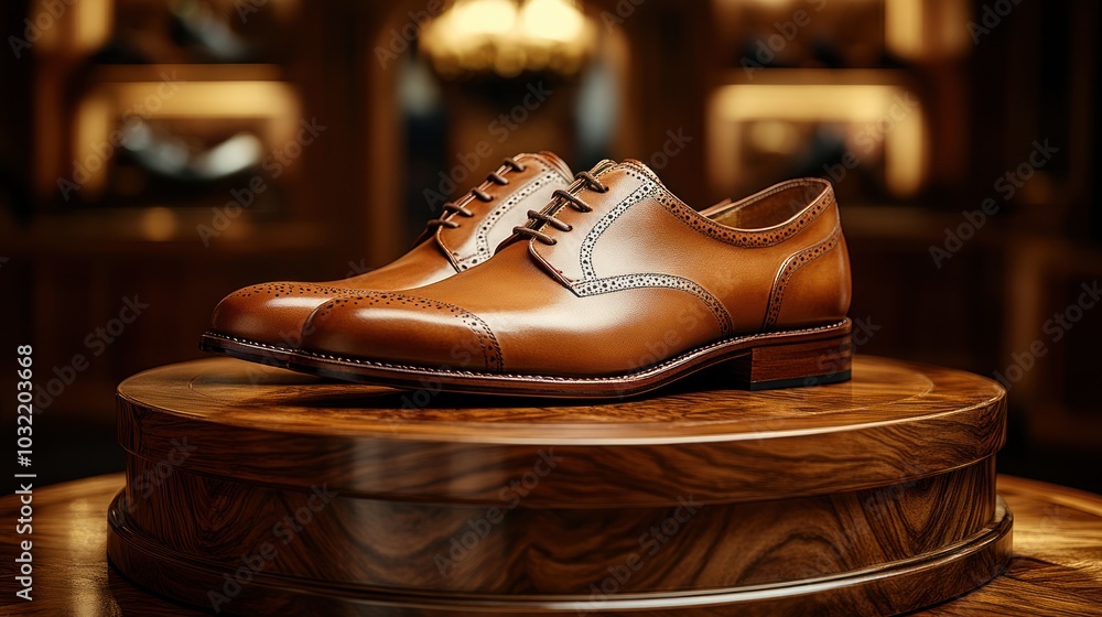 A pair of brown leather dress shoes with lace-up closure sits on a wooden pedestal in a luxury store. A pair of brown leather dress shoes with lace-up closure sits on a wooden pedestal in a luxury store.