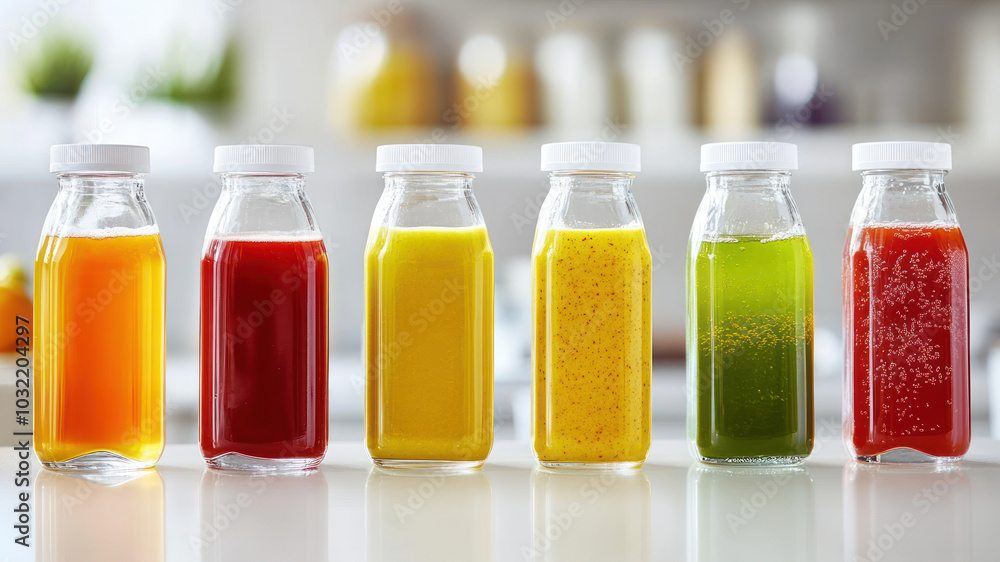 Variety of freshly made fruit and vegetable juices or smoothie in clear bottles on a kitchen counter. Variety of freshly made fruit and vegetable juices or smoothie in clear bottles on a kitchen counter.