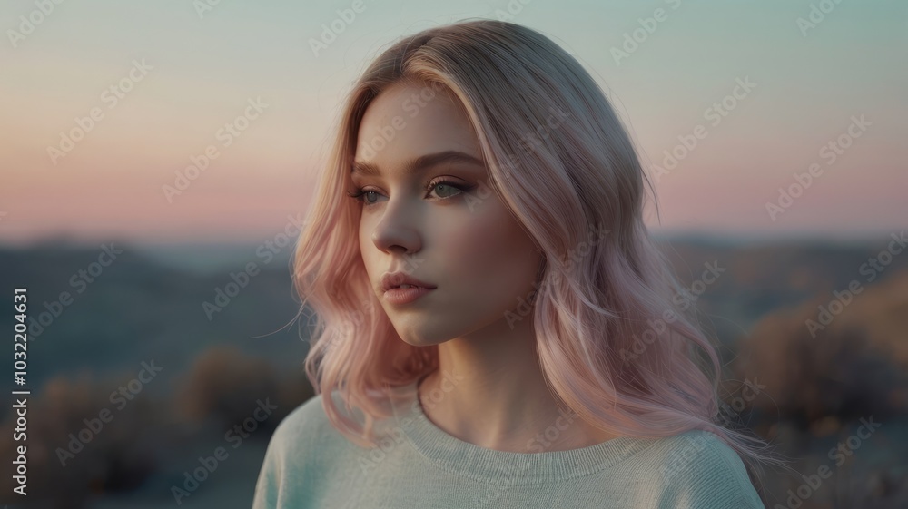 A Girl Standing by Serene Sunset Background at the Sea A Girl Standing by Serene Sunset Background at the Sea