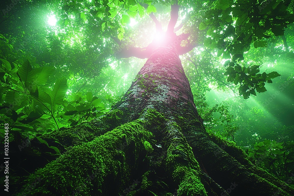 A large tree with green leaves and a mossy trunk A large tree with green leaves and a mossy trunk