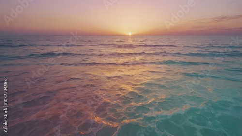 Serene Ocean Sunset with Gentle Waves and Turquoise Reflection