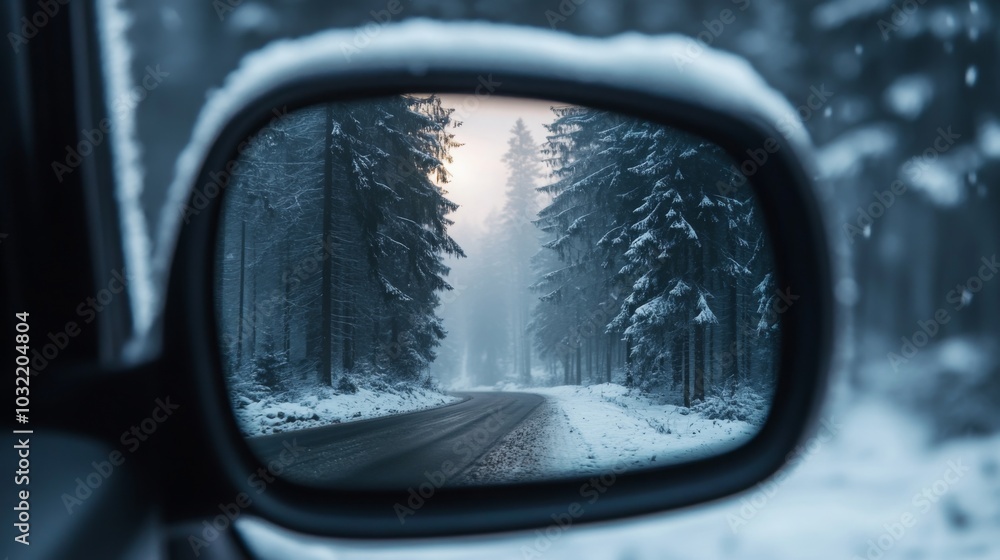 A road winds through a serene winter forest, reflecting a calm, snowy landscape in the car mirror. The scene captures the quiet beauty and peaceful atmosphere of a foggy morning. A road winds through a serene winter forest, reflecting a calm, snowy landscape in the car mirror. The scene captures the quiet beauty and peaceful atmosphere of a foggy morning.