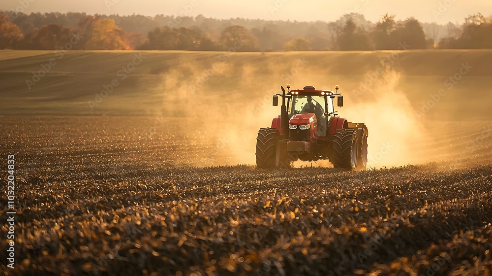 Fototapeta premium Tractor Driving Through Vibrant Cornfield at Sunrise,Farming Technology in Action