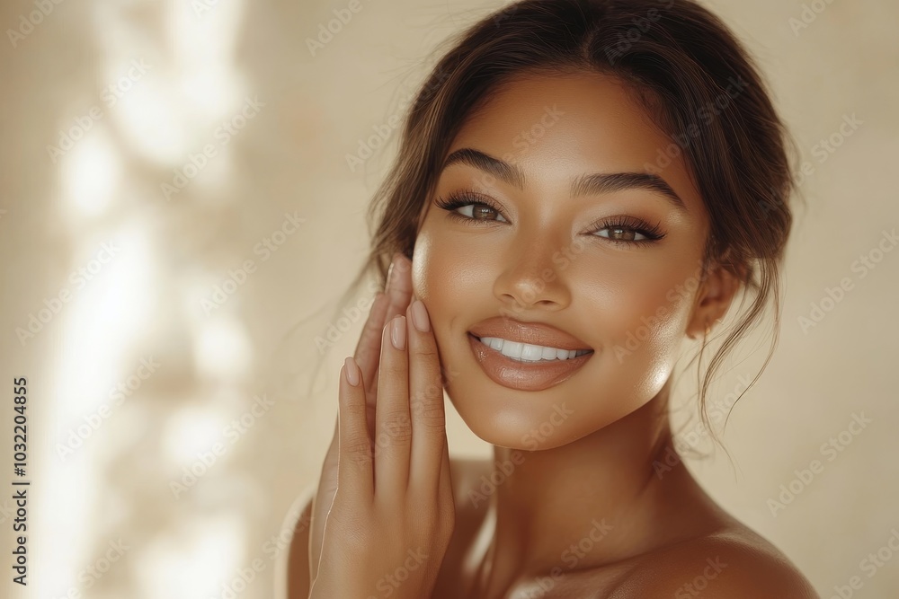 Skincare concept. Fit latin woman in underwear with perfect ideal body shape touching soft skin on her hips, beige background, Generative AI Skincare concept. Fit latin woman in underwear with perfect ideal body shape touching soft skin on her hips, beige background, Generative AI