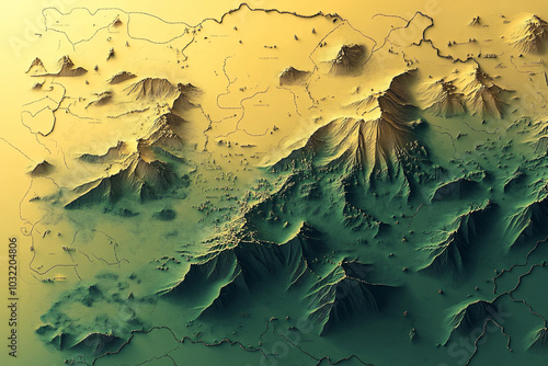 A three-dimensional topographic map with mountainous terrain shaded in green and yellow tones creating a realistic geographical representation
 photo