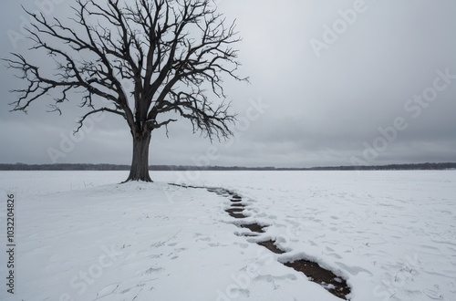 Solitary Leafless Tree in Snow-Covered Winter Landscape