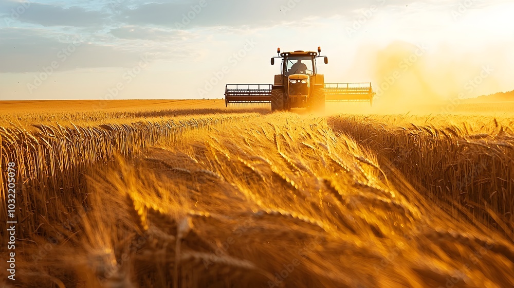 Fototapeta premium Powerful Tractor Plowing Through Golden Wheat Field at Sunset