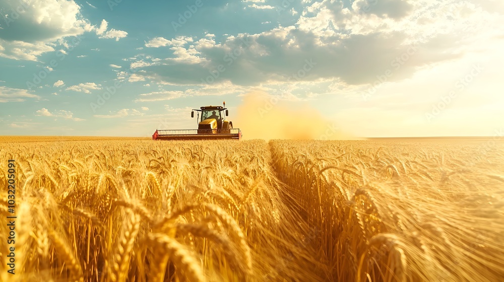 Fototapeta premium Tractor Plowing Through Vast Field of Golden Wheat at Sunset