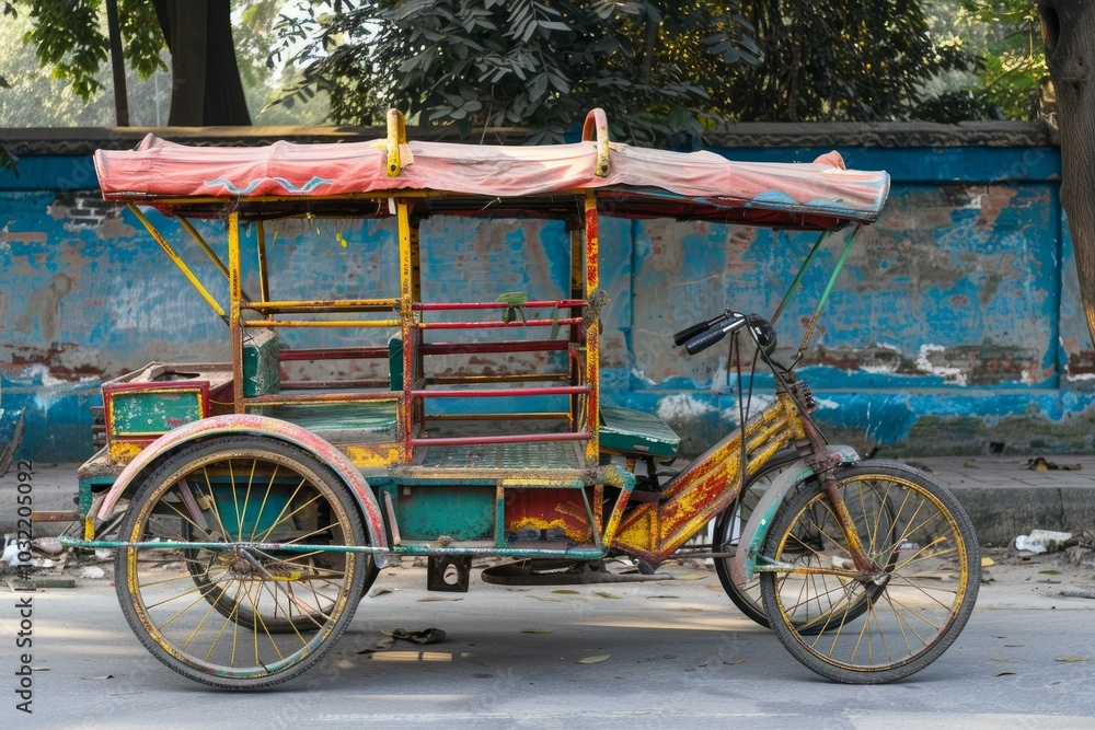 Fototapeta premium Colorful cycle rickshaw with a faded paint job is parked on the side of a street in delhi, india
