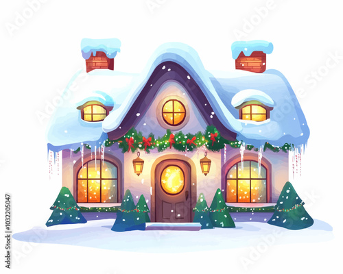 Cartoon Christmas winter house facade exterior. Snowy home building. Isolated vector whimsical cottage adorned with sparkling lights, snow-covered roof and festive decorations, radiating holiday cheer