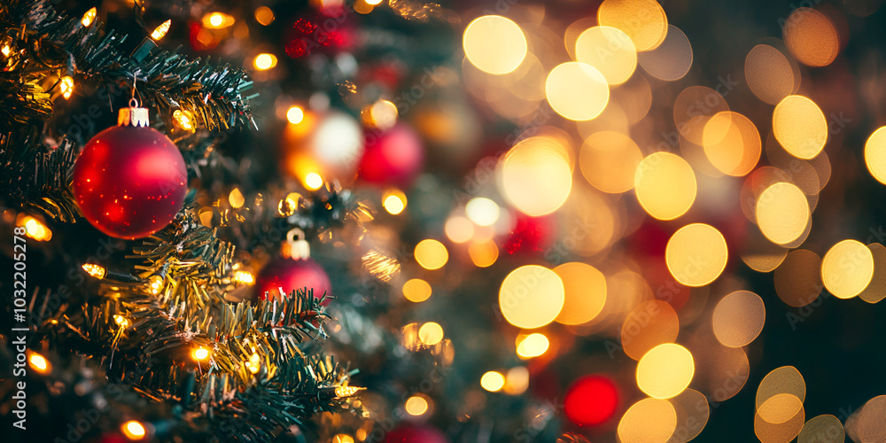 Christmas Tree Decorated with Glowing Lights and Red Baubles Christmas Tree Decorated with Glowing Lights and Red Baubles