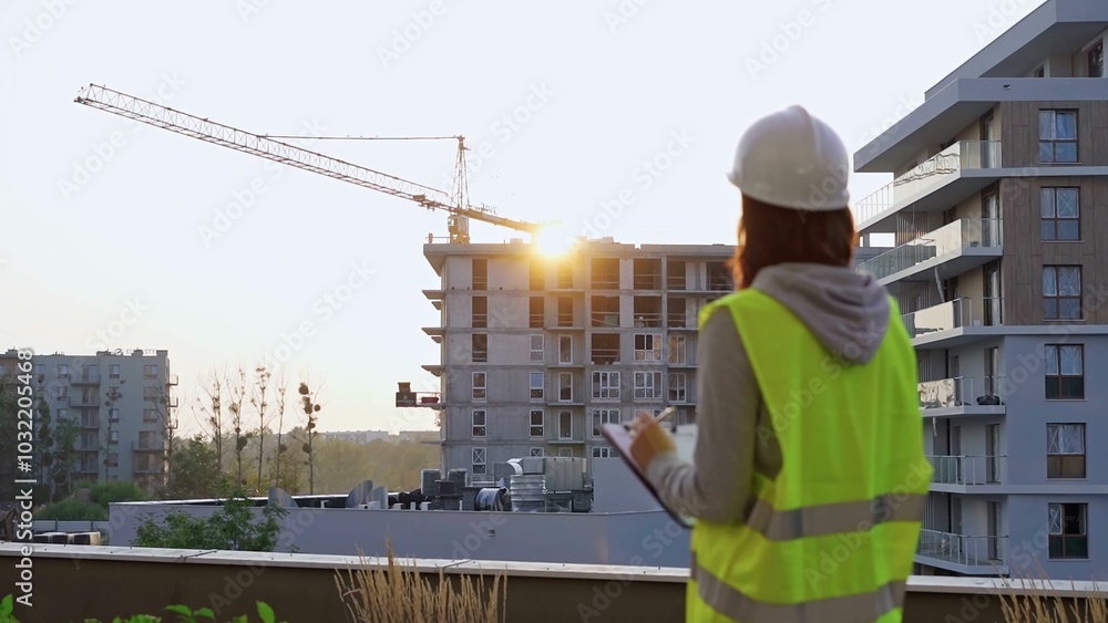 Construction female engineer taking notes and writing on clipboard while inspecting a building site at sunset. Industry development concept Construction female engineer taking notes and writing on clipboard while inspecting a building site at sunset. Industry development concept