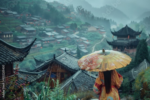 Woman wearing traditional dress holding umbrella looking at xijiang miao village in guizhou, china, on a rainy day photo