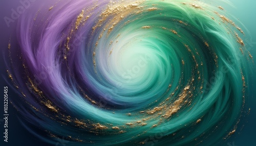 Swirling shades of purple and green create a captivating vortex, accented by flecks of gold that shimmer like stars in a cosmic expanse