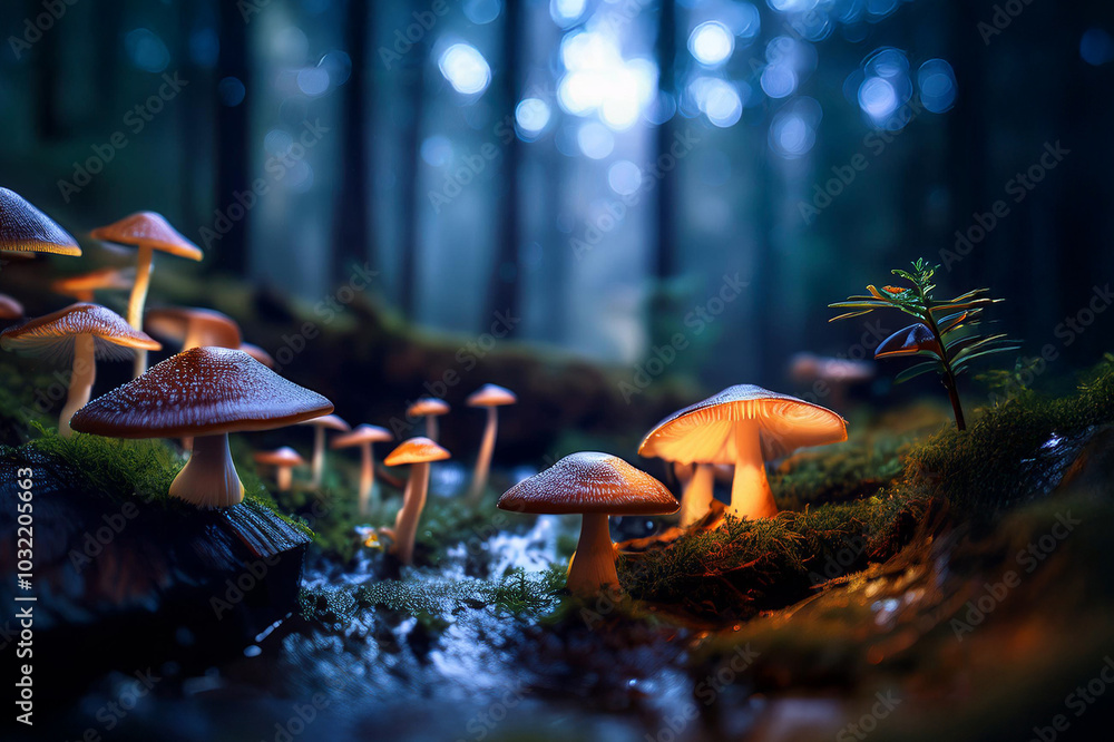 Pilze im Wald bei märchenhaftem Licht