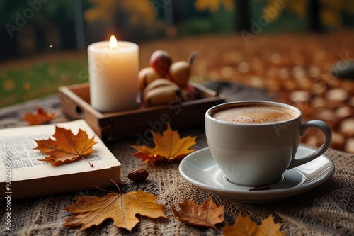 Cozy Coffee Moment on Autumn Morning - Warm Beverage with Fall Leaves