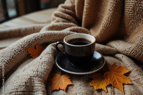 Cozy Coffee Moment on Autumn Morning - Warm Beverage with Fall Leaves