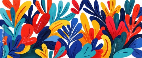 Colorful abstract leaves and foliage design on a white background.