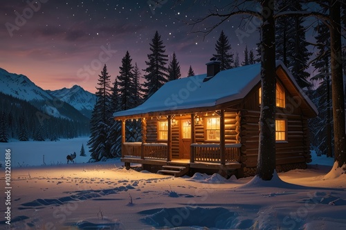 Cozy Cabin in Winter Wonderland - Warm Lights Amid Snowy Forest at Twilight