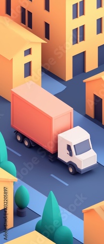 Colorful delivery truck navigating through a city street with buildings.