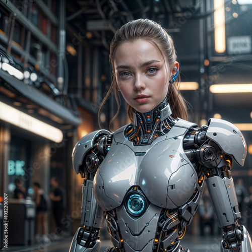 Futuristic female cyborg in a high-tech urban environment