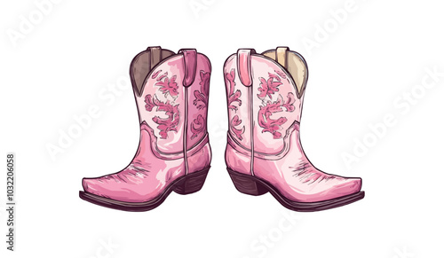 Pink western cowgirl boot. Vintage shoes pair illustration. West country girly cowboy design of footwear. Ornate and authentic traditional ranch costume object kit for game. Retro cow girl style