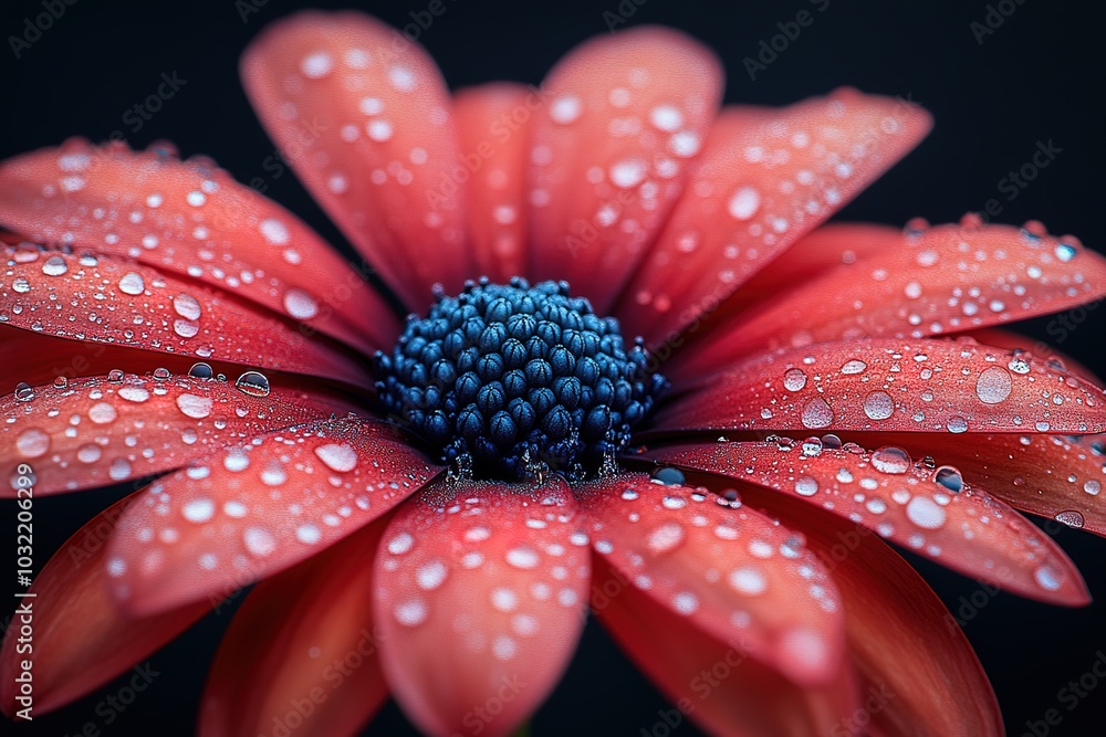 A close up of a red flower with water droplets on it A close up of a red flower with water droplets on it