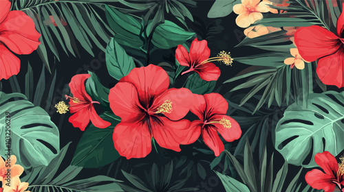 Seamless pattern floral with Hibiscus and orchid flowers abstract background.Vector illustration hand drawn.For fabric fashion print pattern design or product packaging.