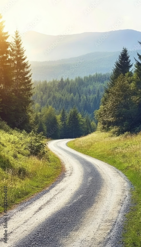 Fototapeta premium Empty Winding Road Through Lush Green Forest in Mountainous Landscape. Scenic Summertime View.