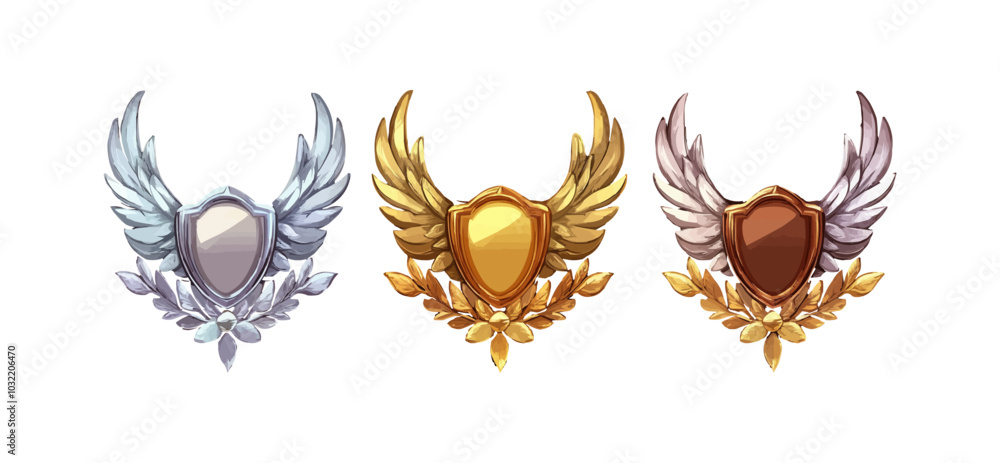 Game rank frame, heraldic avatar badge. Vector bronze, silver and gold borders with laurel leaves and wings. Cartoon gui elements for app, medieval rpg or arcade game menu and player ranking systems