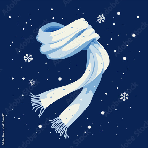 Flat design vector of a scarf blowing in the wind with snowflakes drifting in the air.