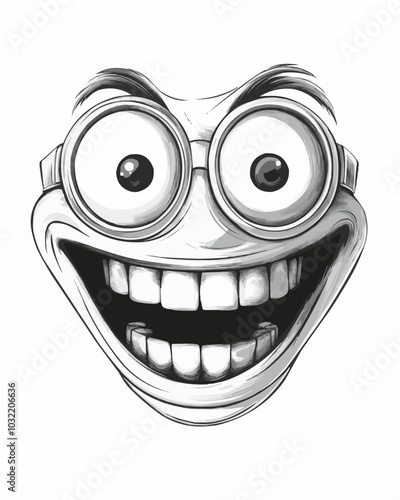 Cartoon funny comic groovy face toothy smile emotion and retro cute emoji character. Isolated vector cheerful and positive facial expression. Monochrome grinning personage emoticon with goggle eyes