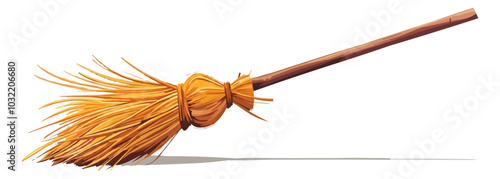 Broomstick with straw bristles on a white background. Vector flat isolated.