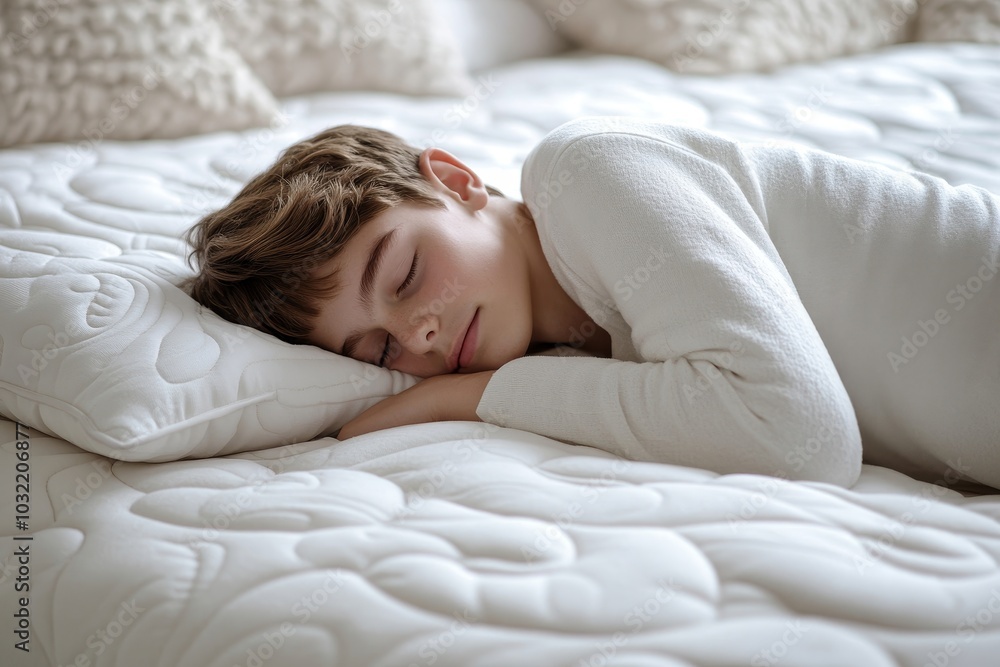 Sleeping young male, resting, enjoying fresh cotton bedding, soft pillow and comfortable mattress, banner, free copy space, Generative AI Sleeping young male, resting, enjoying fresh cotton bedding, soft pillow and comfortable mattress, banner, free copy space, Generative AI