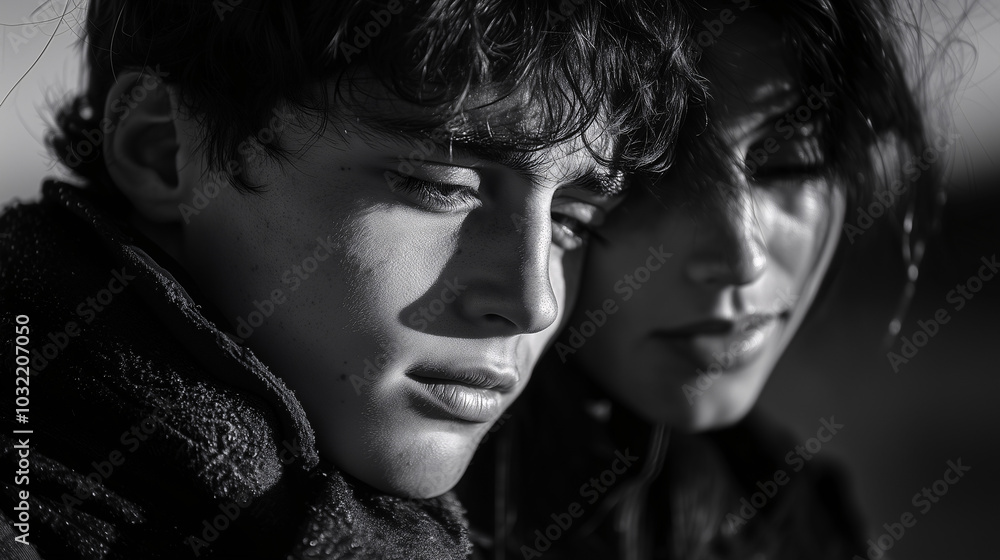 A black-and-white portrait of two teenagers with expressive faces, evoking deep emotions and storytelling. A black-and-white portrait of two teenagers with expressive faces, evoking deep emotions and storytelling.