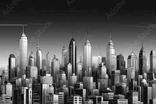 Monochrome City Skyline with Modern Skyscrapers - Sleek Black and White Urban Silhouette
