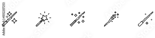 Set of magic wand icons. Magic wand with a star, wizard tool. Magic and miracle symbols. Wizard stick for apps and web sites. Vector Illustration. EPS 10