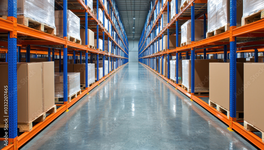 Warehouse interior with stacked boxes and organized shelves, efficient storage space. Warehouse interior with stacked boxes and organized shelves, efficient storage space.
