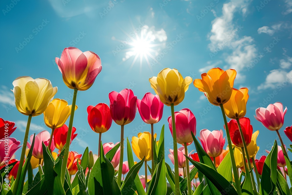 A field of tulips with the sun in the background A field of tulips with the sun in the background