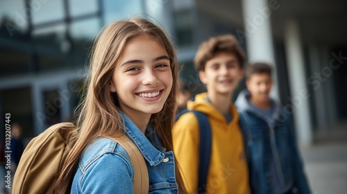 Youthful spirit radiated by happy girl in denim jacket.