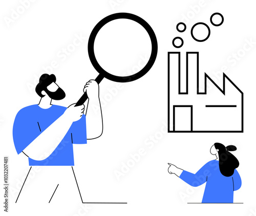 A man holding a magnifying glass examines a factory while a woman points towards it. Ideal for industrial inspection, quality control, collaboration, analysis, and teamwork. Simple and modern style