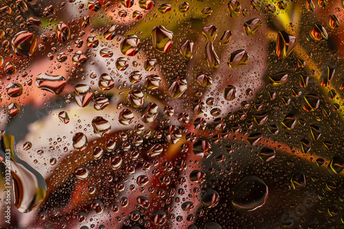 abstract background fall, glass drops autumn yellow leaves wet october weather