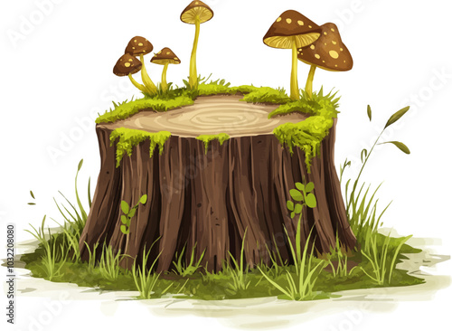 Tree stump with vibrant green moss and small mushrooms growing on it, surrounded by blades of grass. Cartoon vector cut trunk, forest landscape element, environment game asset, old wooden stump