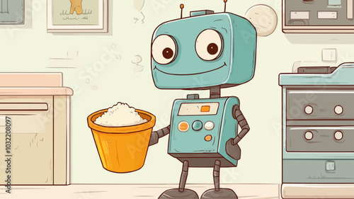 A cartoon of a household cleaning robot holding a bucket of vinegar and a bowl of baking soda with the phrase even robots prefer natural