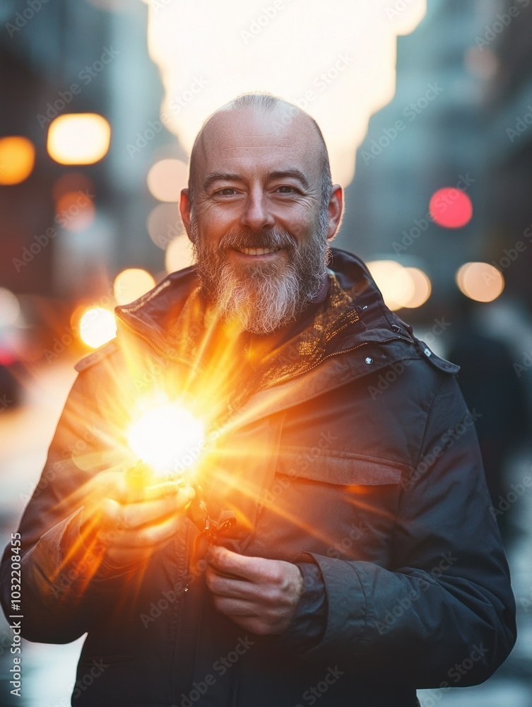 Obraz premium Man with candlelike light against urban backdrop.