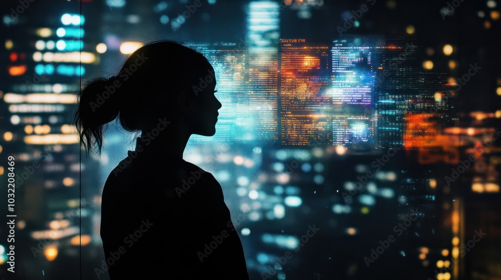 Woman Silhouetted Against Cityscape and Data Visualizations Woman Silhouetted Against Cityscape and Data Visualizations