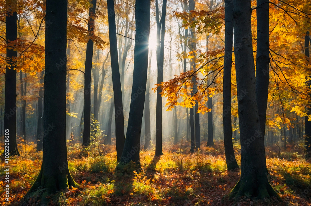 Autumn landscape background. Sunny day in the park with yellow leaves and fog. Autumn landscape background. Sunny day in the park with yellow leaves and fog.