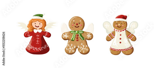 Gingerbread cookies in form of man, woman and angel with red and green decoration and white icing ornament. Cartoon vector set of traditional Christmas cute homemade biscuit. Baked sweet confectionery